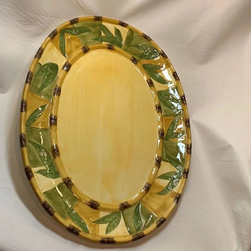 Ceramic Oval Palm Inspired Serving Platter 13 1/4 X 17 3/4 Inches Gold Green